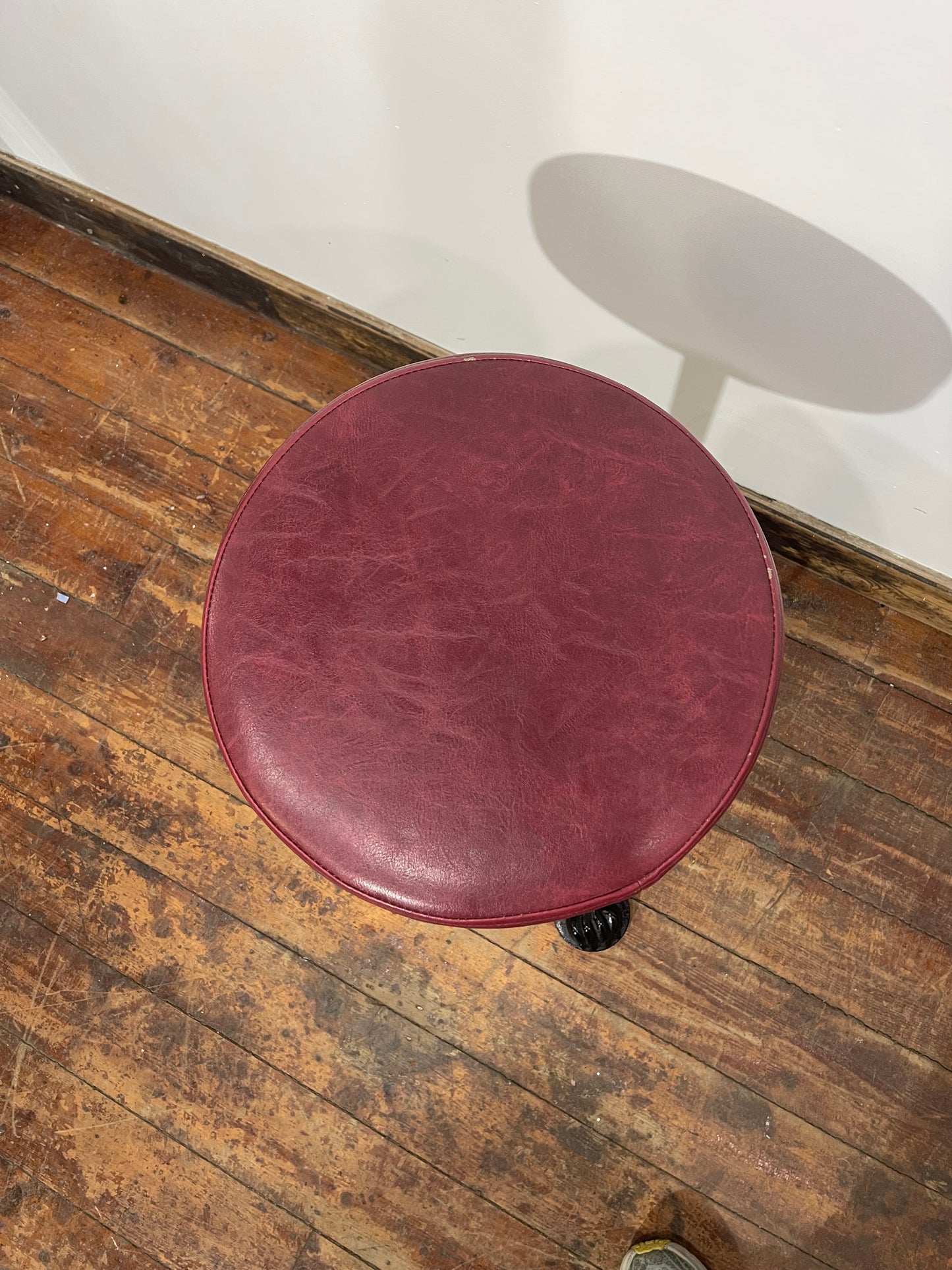 Set of 6 Industrial Cast Iron Bar Stools / Burgundy Padded Seats
