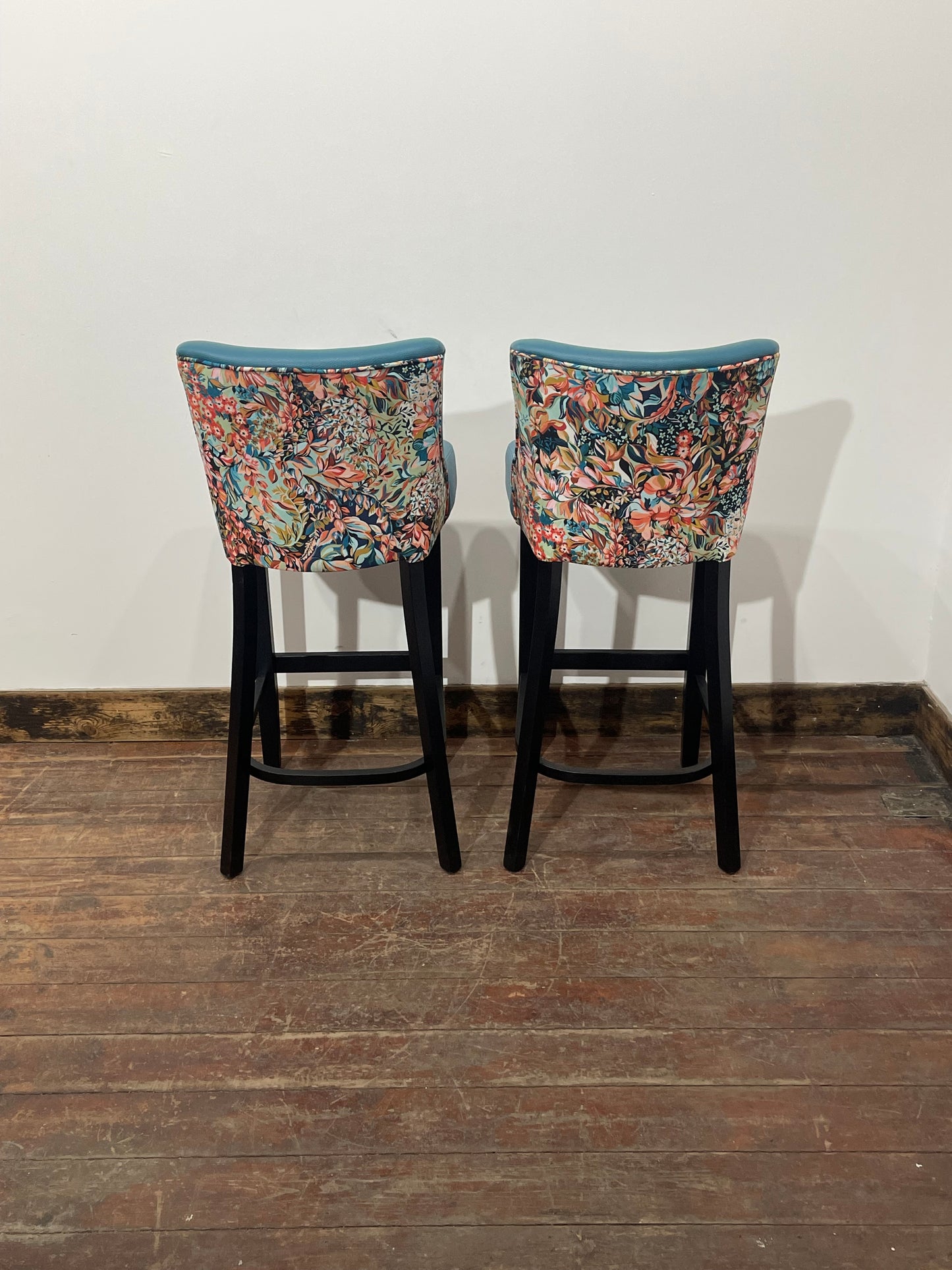 2 x new / ex-display bar stools teal blue seats & fabric backs