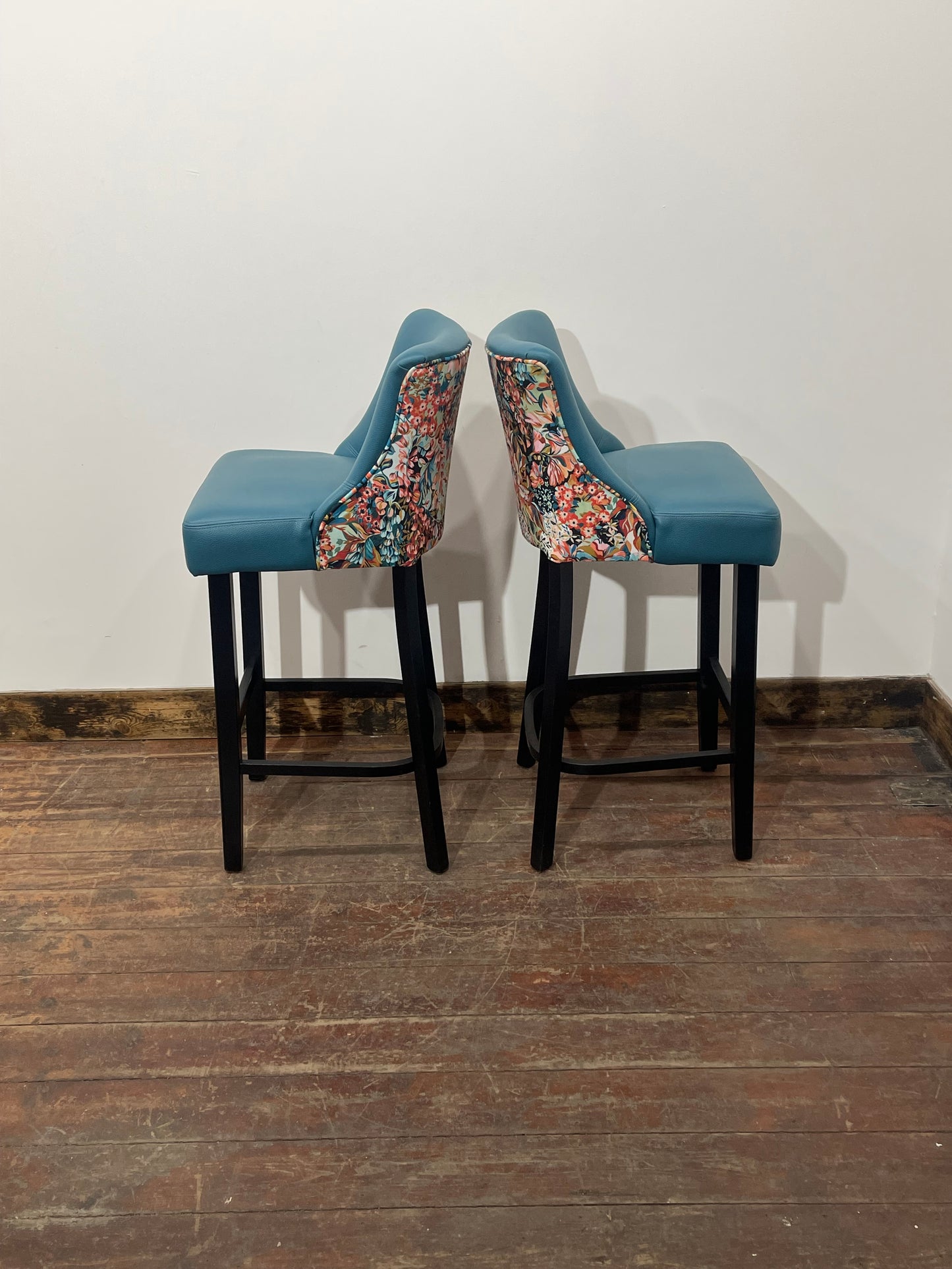 2 x new / ex-display bar stools teal blue seats & fabric backs