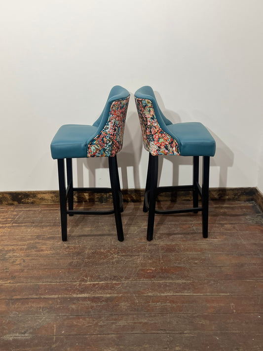 2 x new / ex-display bar stools teal blue seats & fabric backs