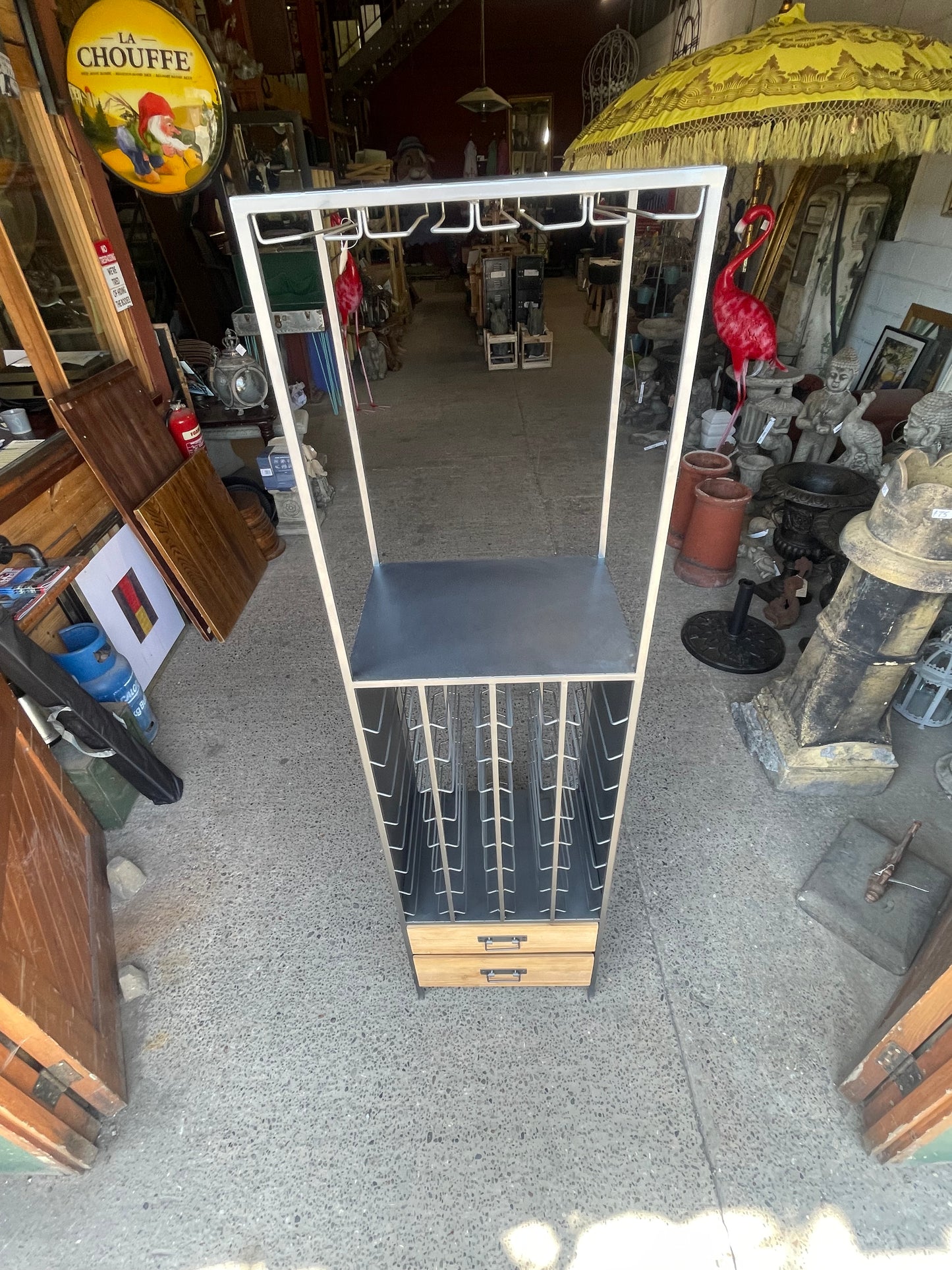 Industrial Metal Wine Rack Cabinet with 2 Drawers | Freestanding Bottle Storage