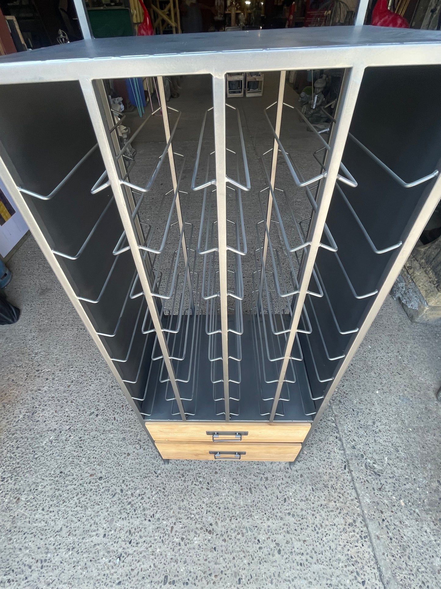 Industrial Metal Wine Rack Cabinet with 2 Drawers | Freestanding Bottle Storage