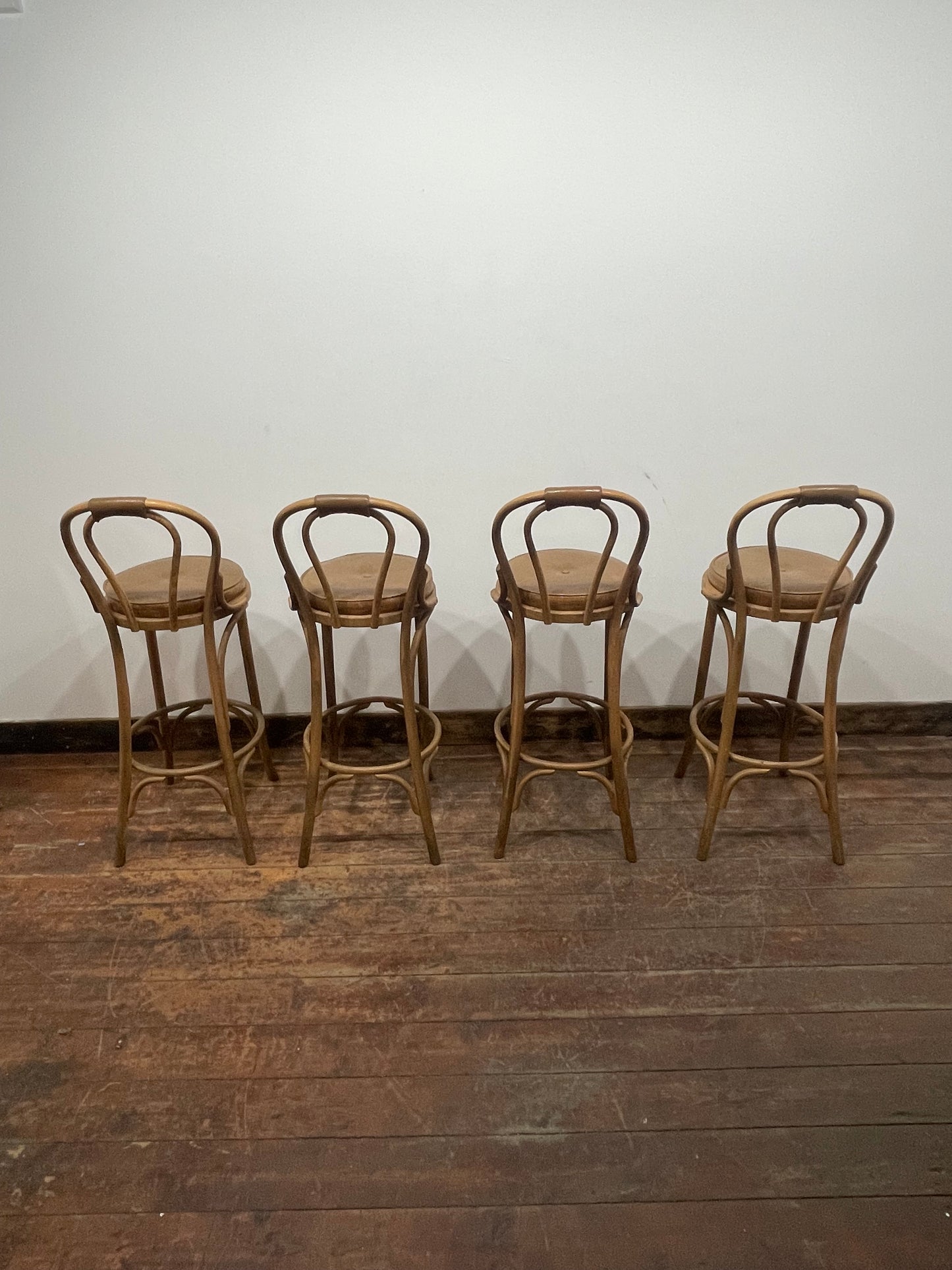 Set of 4 Bentwood Bar Stools Brown Leather Seats / Café Pub Bar Furniture
