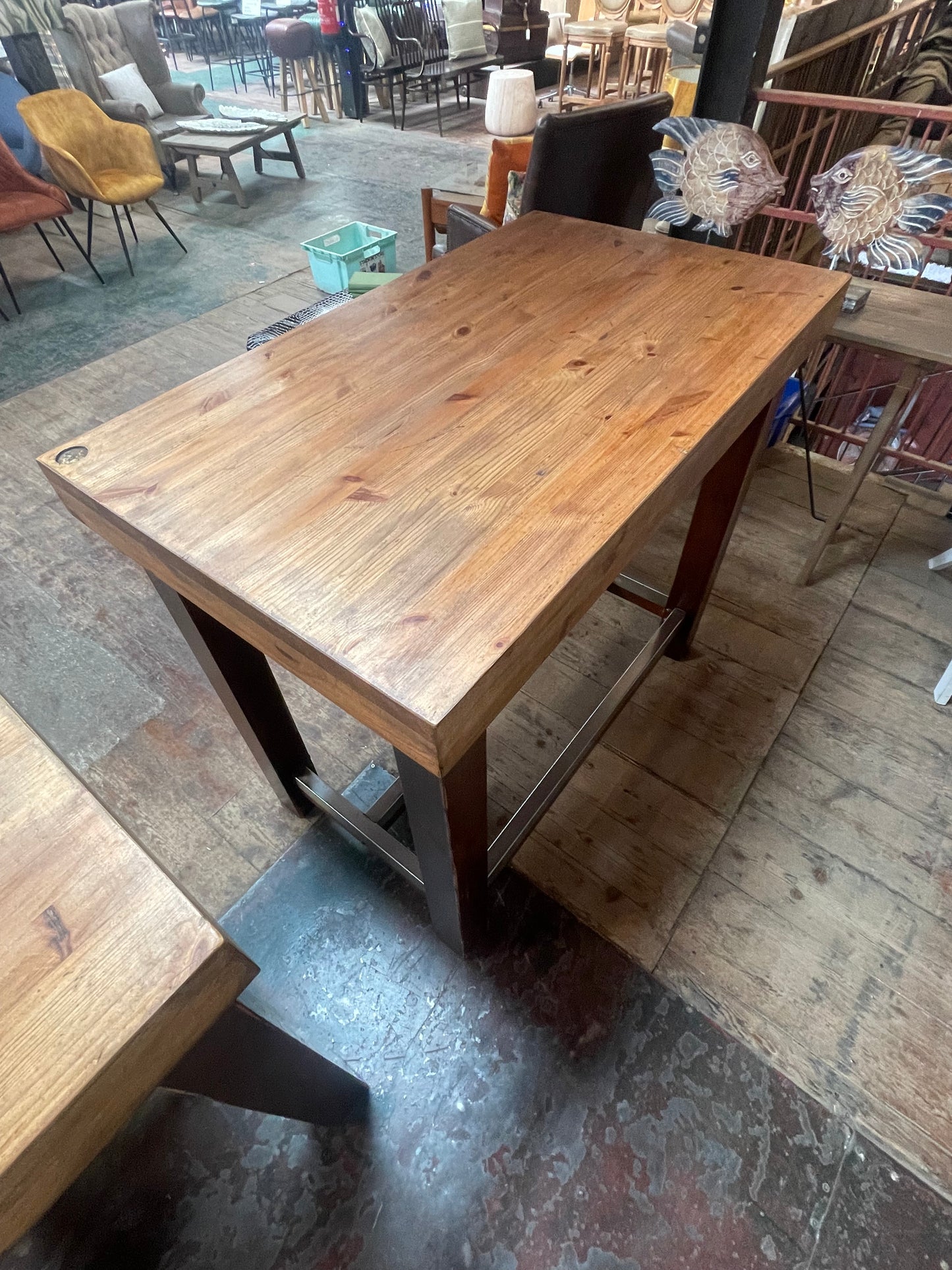 Pair of Rustic Solid Wood Poseur / Bar Tables with Metal Footrests