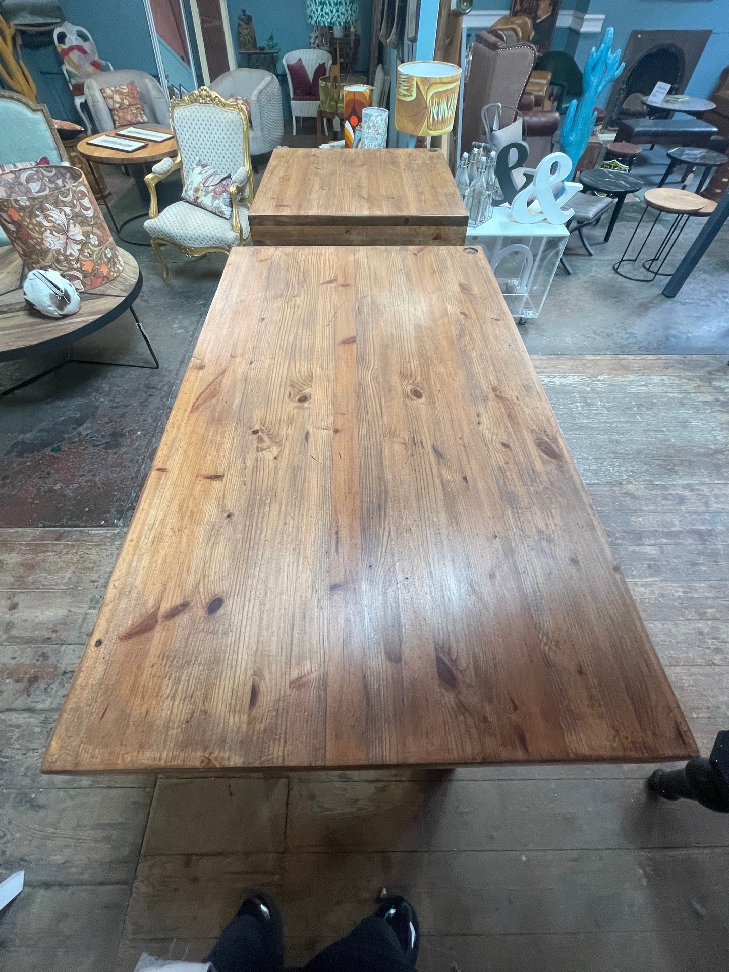 Pair of Rustic Solid Wood Poseur / Bar Tables with Metal Footrests
