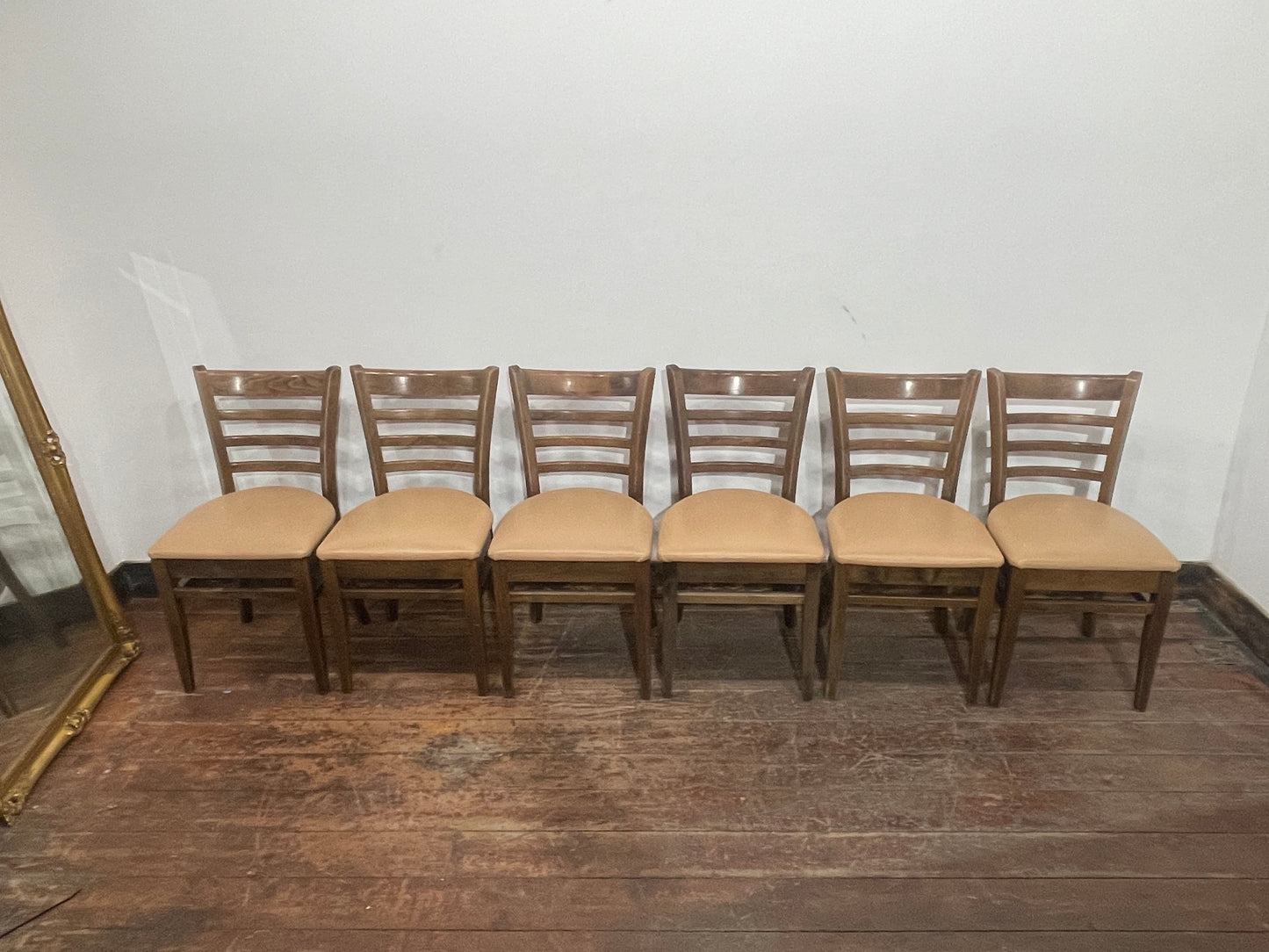 Set of 6 Solid Wooden Dining Chairs with Padded Beige Leather Effect Seats