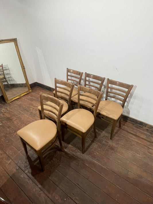 Set of 6 Solid Wooden Dining Chairs with Padded Beige Leather Effect Seats