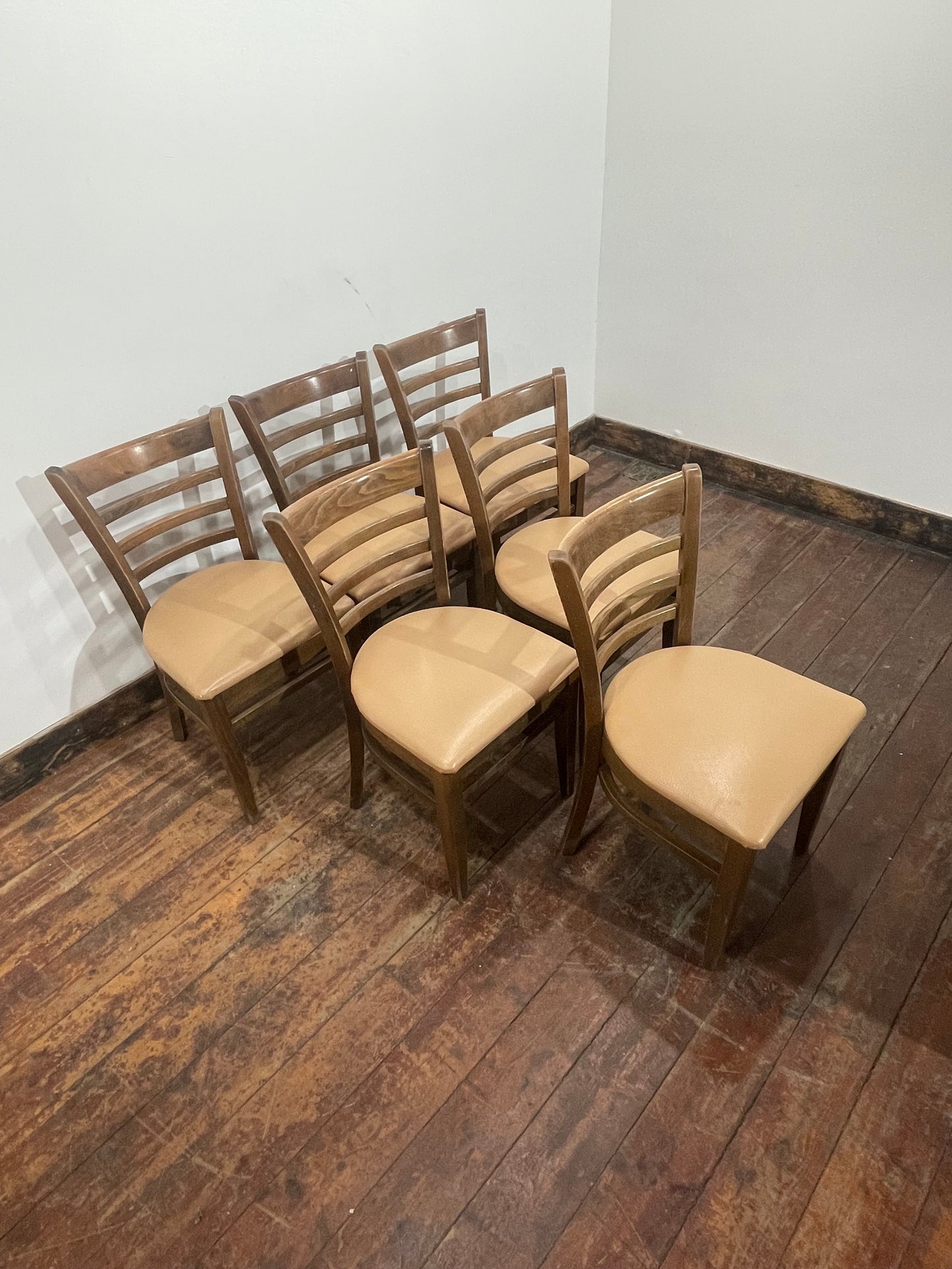 Set of 6 Solid Wooden Dining Chairs with Padded Beige Leather Effect Seats