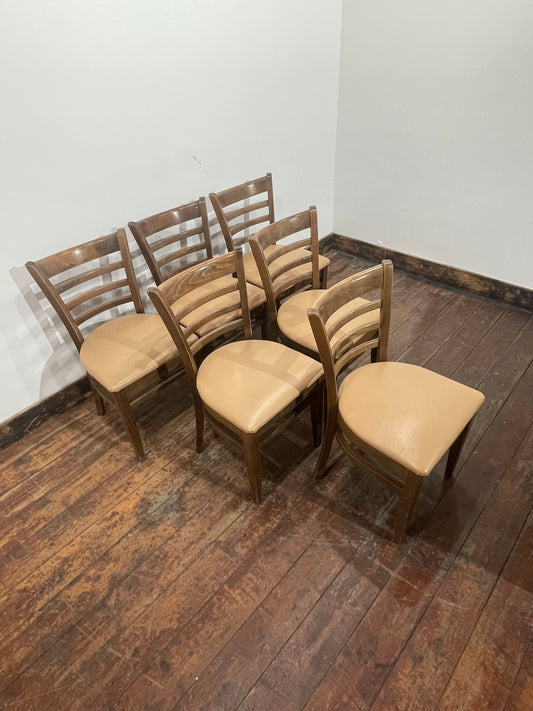 Set of 6 Solid Wooden Dining Chairs with Padded Beige Leather Effect Seats