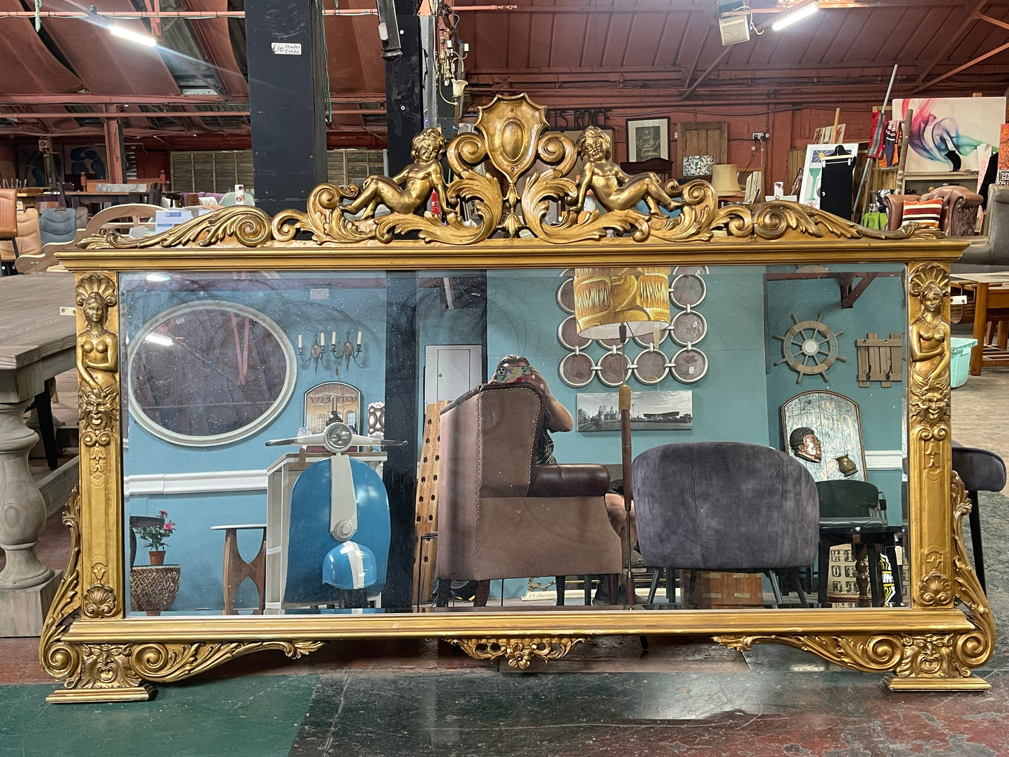 Large Ornate Gold Wall Mirror Cherub Crest Decorative Gilt Overmantel Mirror