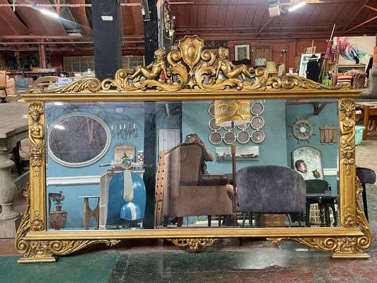 Large Ornate Gold Wall Mirror Cherub Crest Decorative Gilt Overmantel Mirror