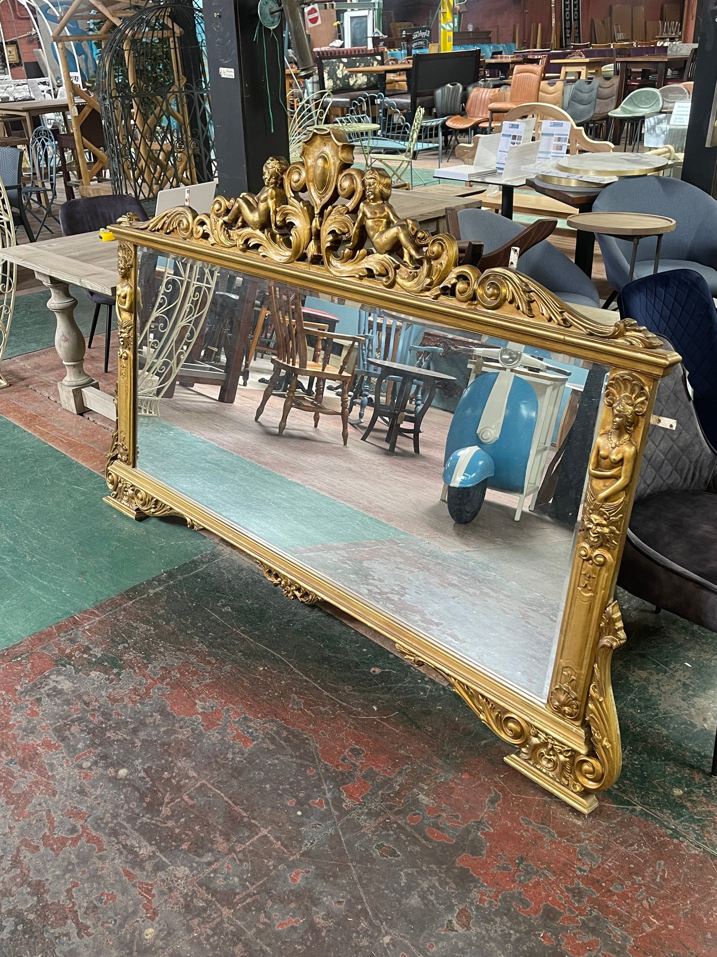 Large Ornate Gold Wall Mirror Cherub Crest Decorative Gilt Overmantel Mirror