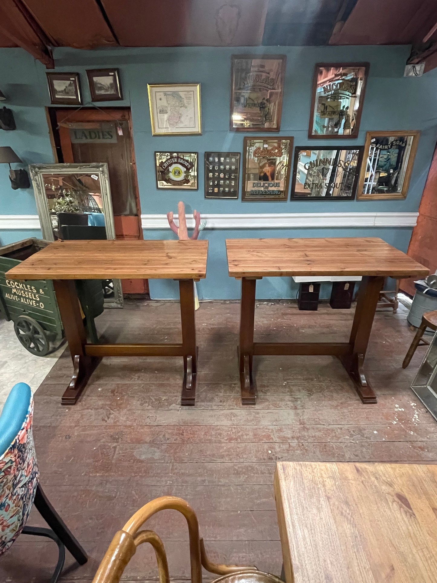 Pair of Solid Wood High Tables Rustic Pub Bar Café Restaurant Trestle Poseur Tables