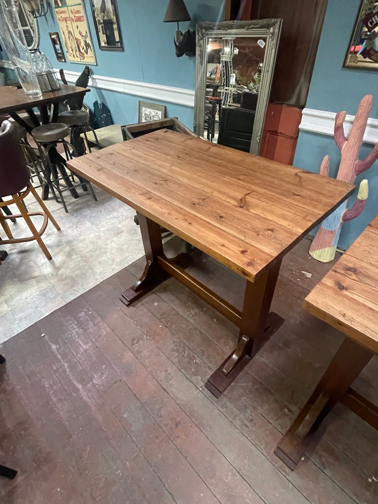 Pair of Solid Wood High Tables Rustic Pub Bar Café Restaurant Trestle Poseur Tables