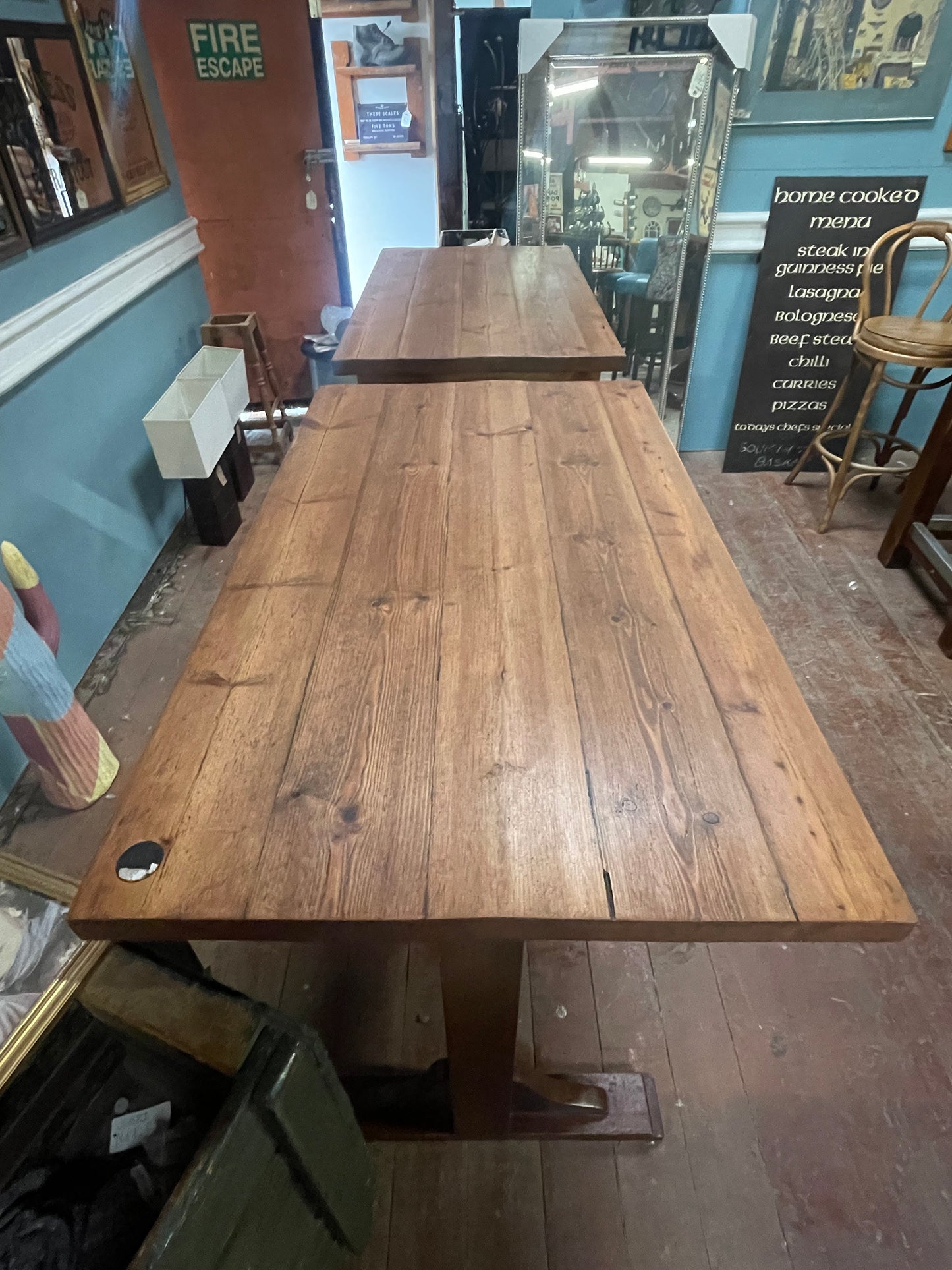 Pair of Solid Wood High Tables Rustic Pub Bar Café Restaurant Trestle Poseur Tables