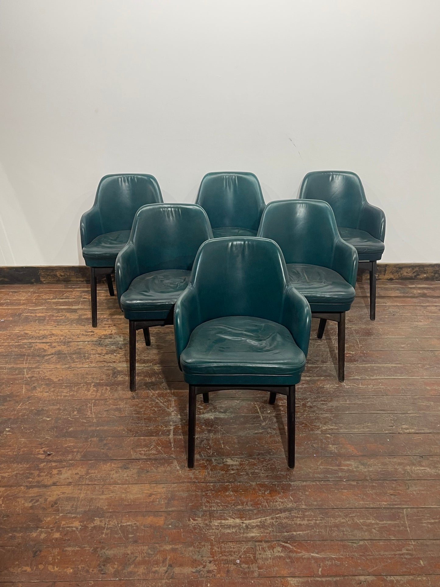 Set of 6 Mid-Century Modern Teal Leather Barrel Back Armchairs, Tapered Wood Leg
