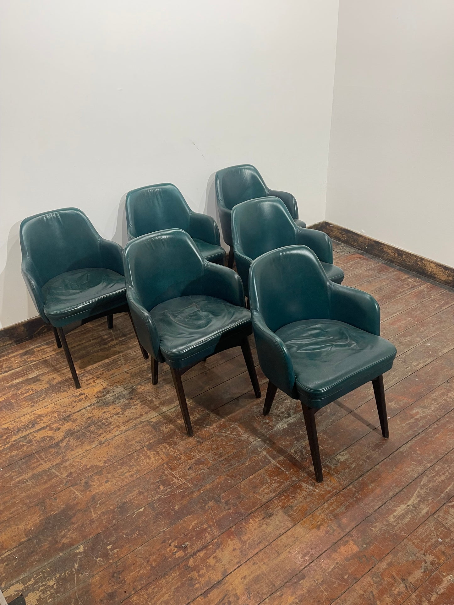 Set of 6 Mid-Century Modern Teal Leather Barrel Back Armchairs, Tapered Wood Leg