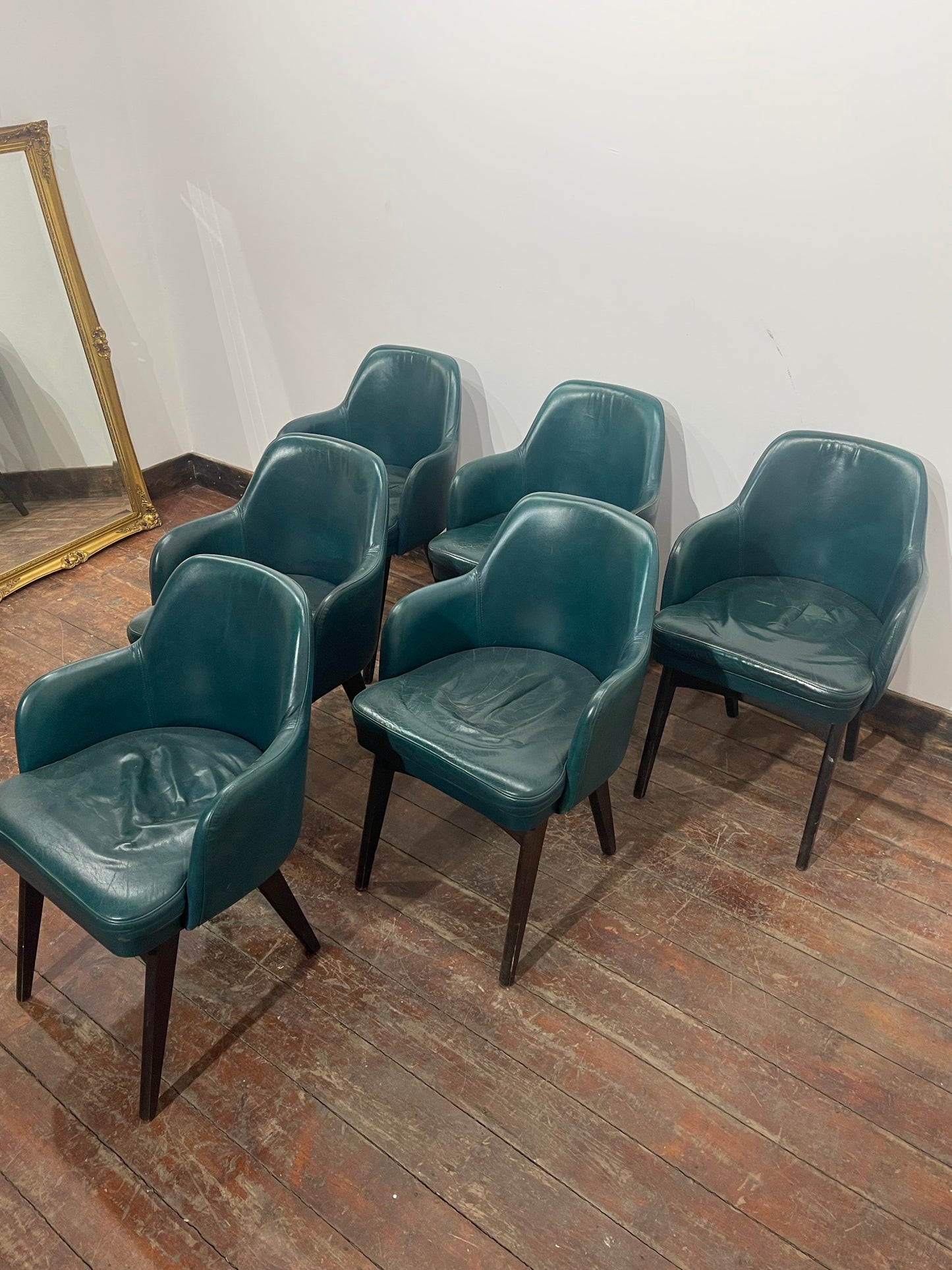 Set of 6 Mid-Century Modern Teal Leather Barrel Back Armchairs, Tapered Wood Leg
