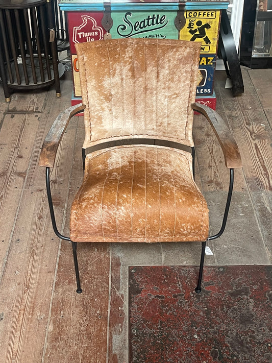 Genuine Cow Hide Leather Industrial Armchair | Rustic Lounge Accent Chair | Wood & Metal Frame