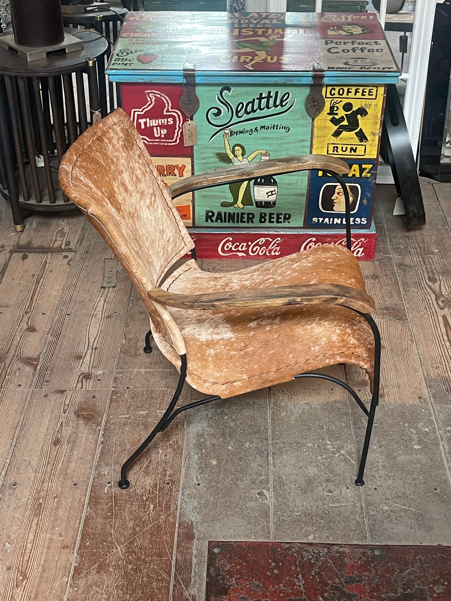 Genuine Cow Hide Leather Industrial Armchair | Rustic Lounge Accent Chair | Wood & Metal Frame