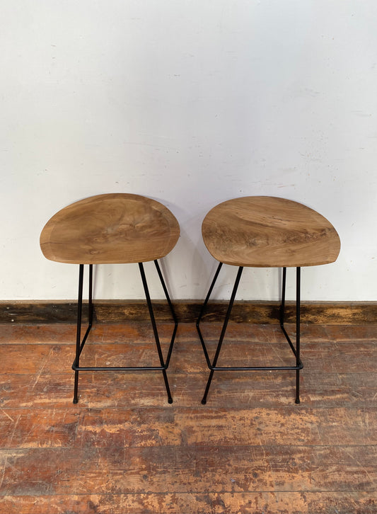 Pair of rustic wood & metal frame bar stools