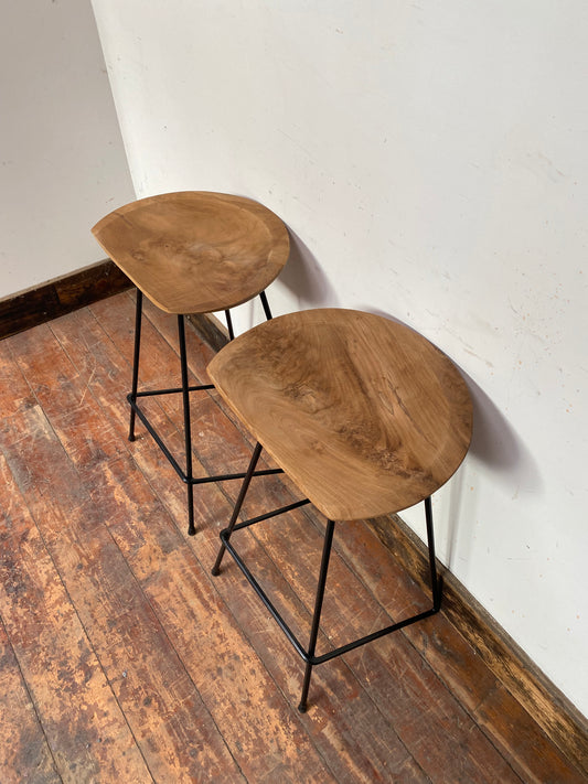 Pair of rustic wood & metal frame bar stools