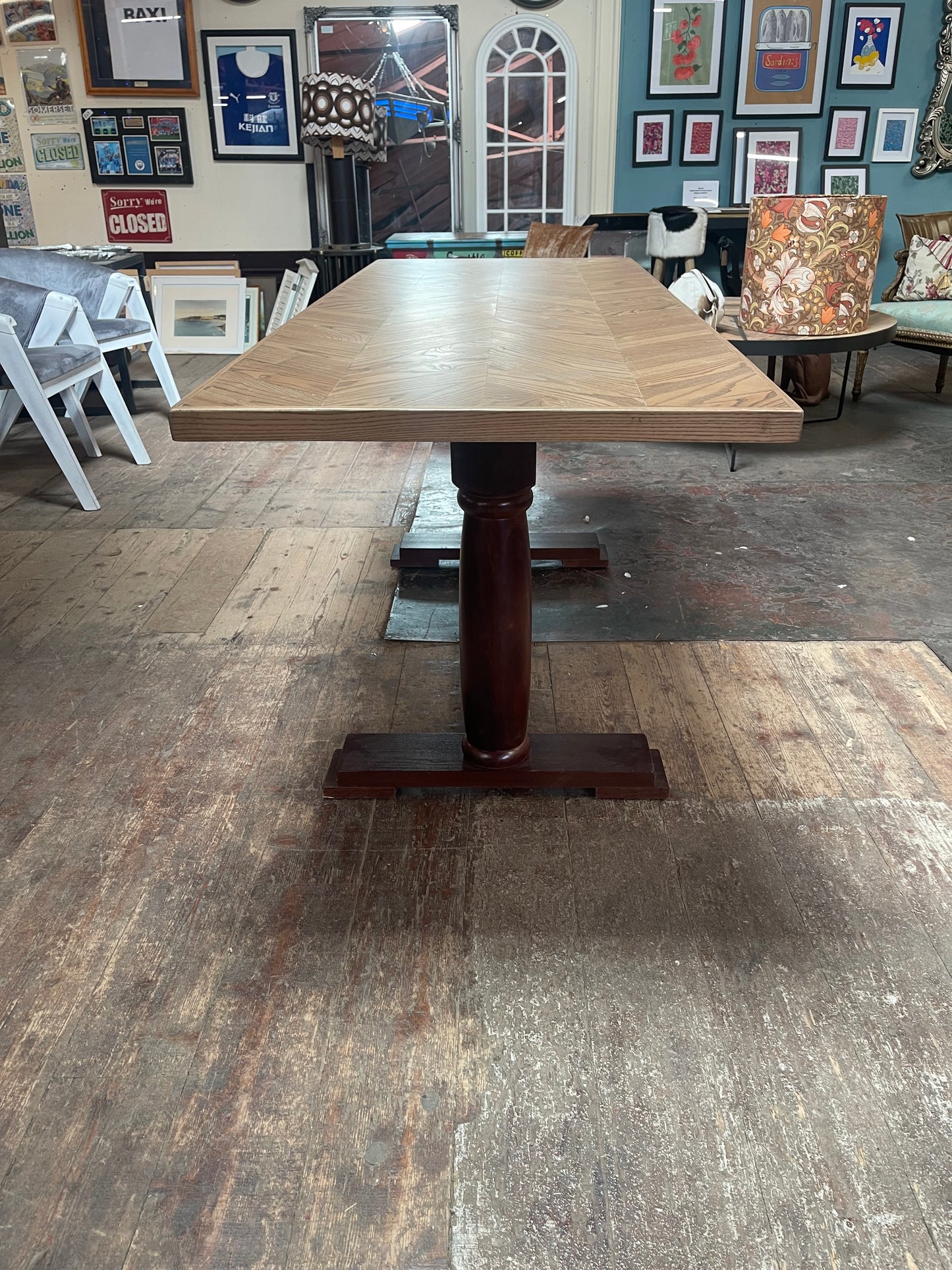Ash Herringbone Dining Table | Rustic Wooden Table on Pedestal Base | Restaurant, Café & Home
