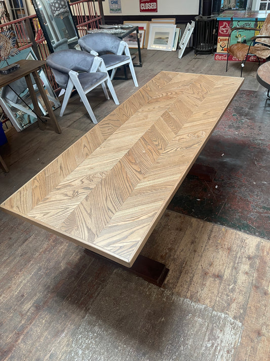 Ash Herringbone Dining Table | Rustic Wooden Table on Pedestal Base | Restaurant, Café & Home