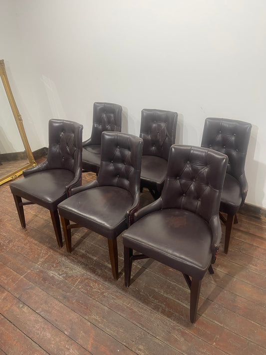 Set of 6 Brown Leather Tufted Dining Chairs / Mixed Pattern Backs