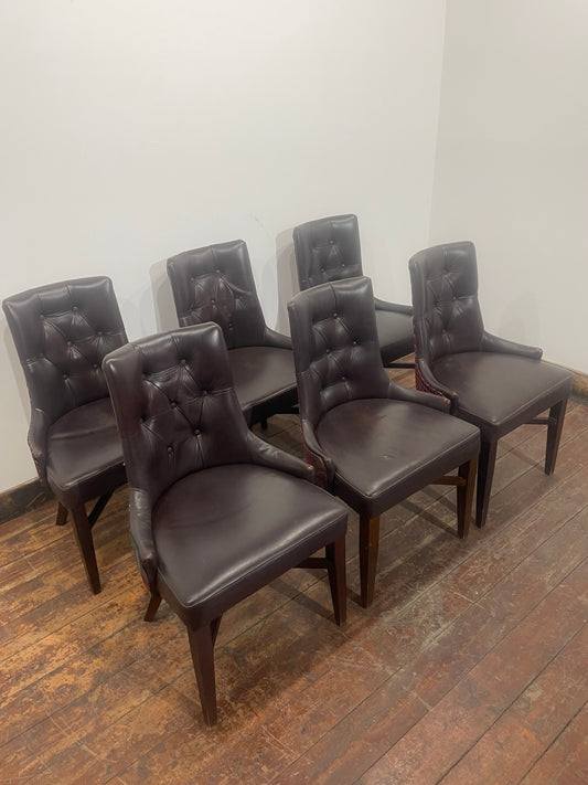 Set of 6 Brown Leather Tufted Dining Chairs / Mixed Pattern Backs