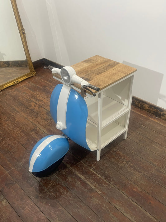 Vintage Vespa Scooter Front End Side Table, Blue & White, Wood Top Shelf Unit