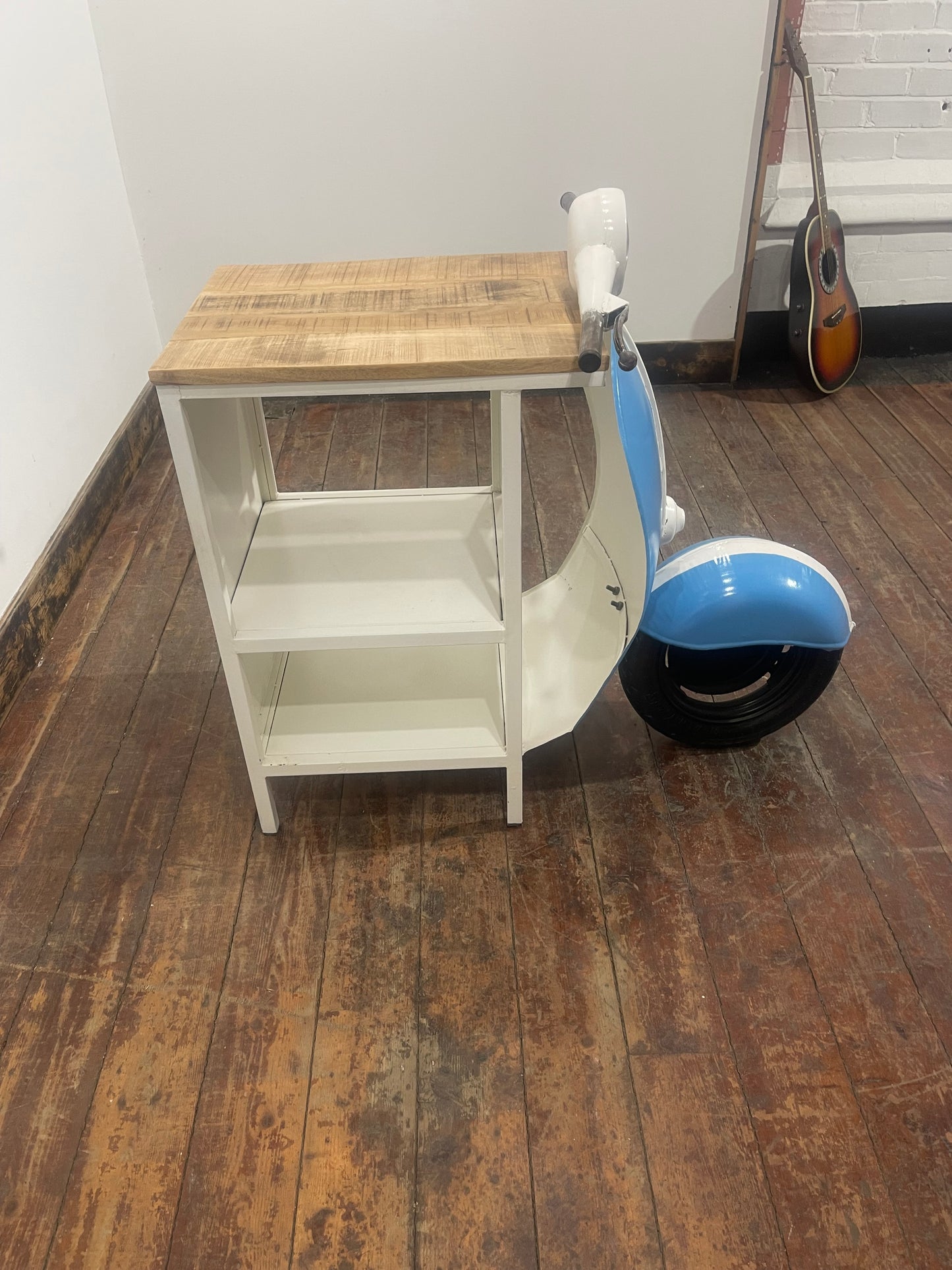 Vintage Vespa Scooter Front End Side Table, Blue & White, Wood Top Shelf Unit