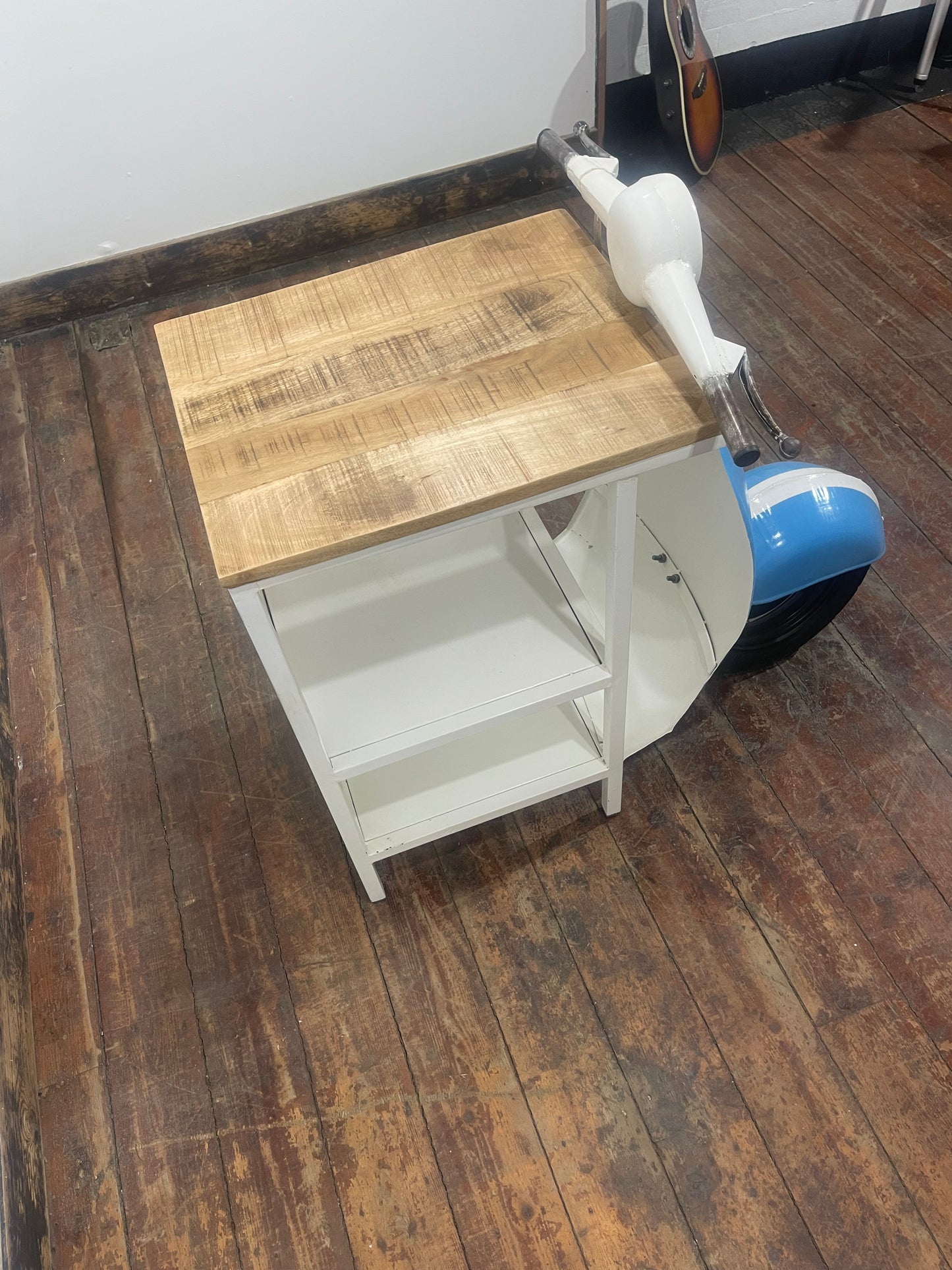 Vintage Vespa Scooter Front End Side Table, Blue & White, Wood Top Shelf Unit