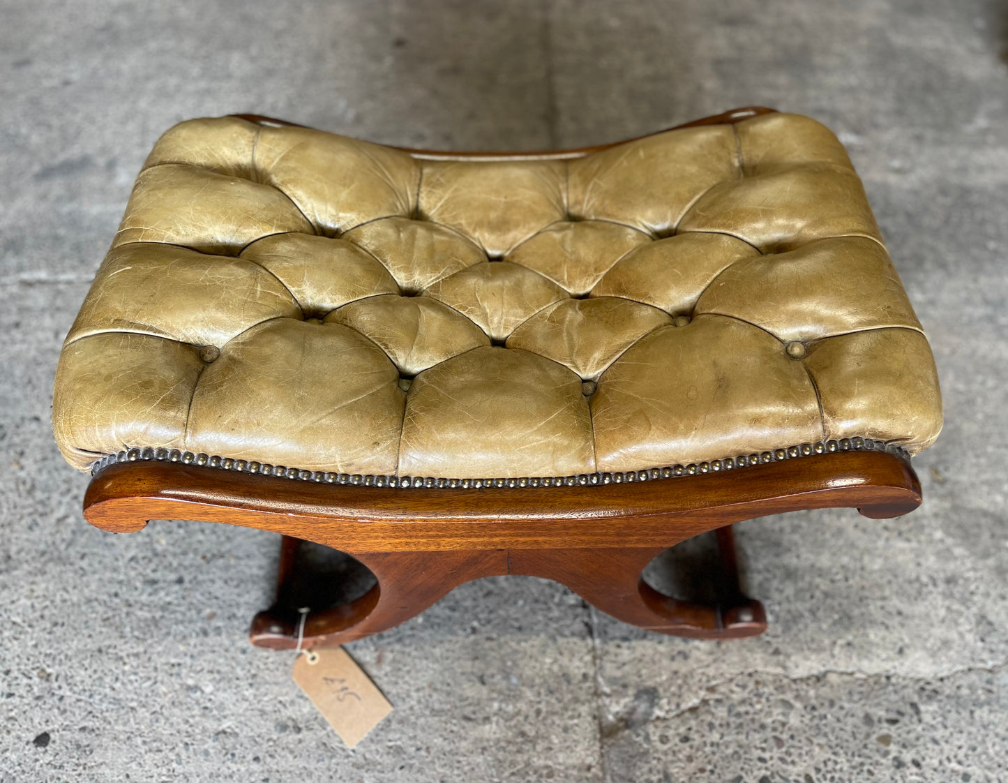 Vintage wood and leather footstool Chesterfield style