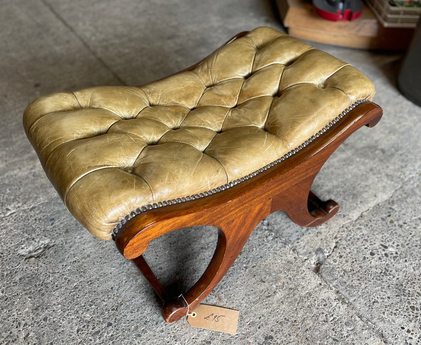 Vintage wood and leather footstool Chesterfield style