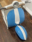 Vintage Vespa Scooter Front End Side Table, Blue & White, Wood Top Shelf Unit