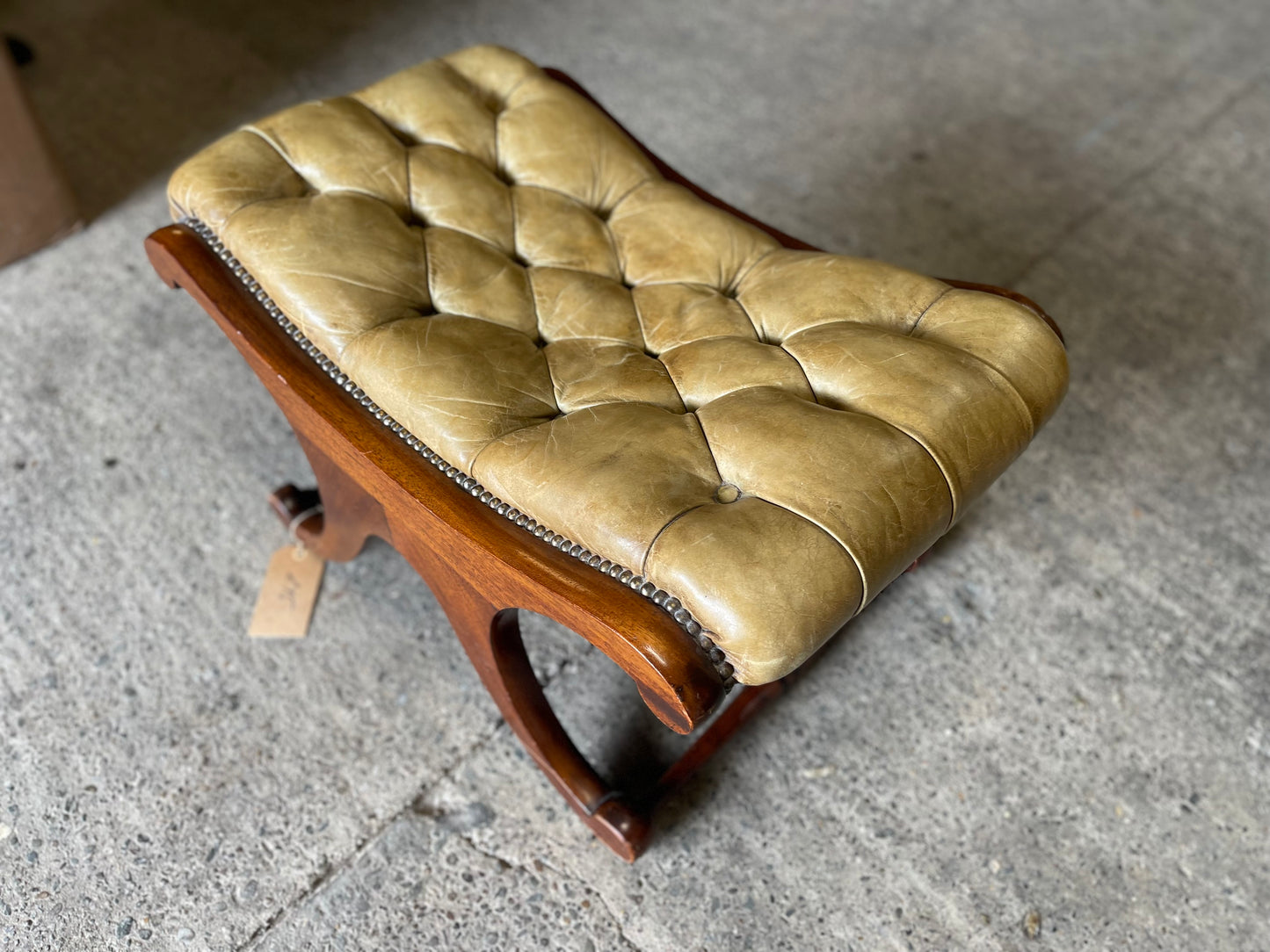 Vintage wood and leather footstool Chesterfield style