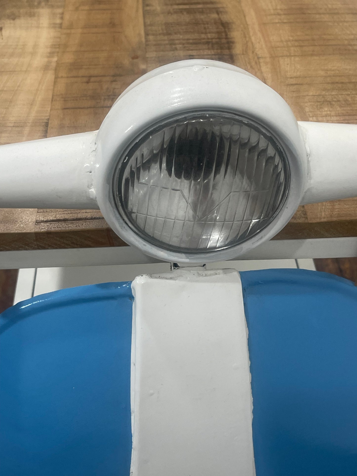 Vintage Vespa Scooter Front End Side Table, Blue & White, Wood Top Shelf Unit