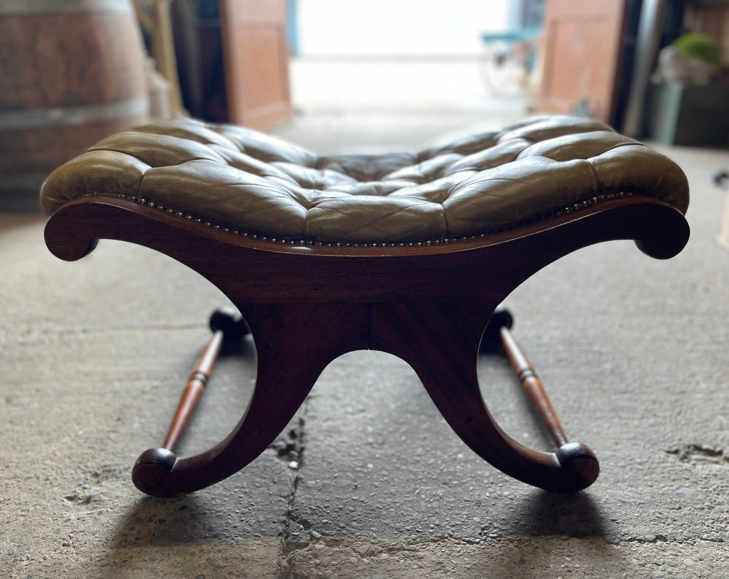 Vintage wood and leather footstool Chesterfield style
