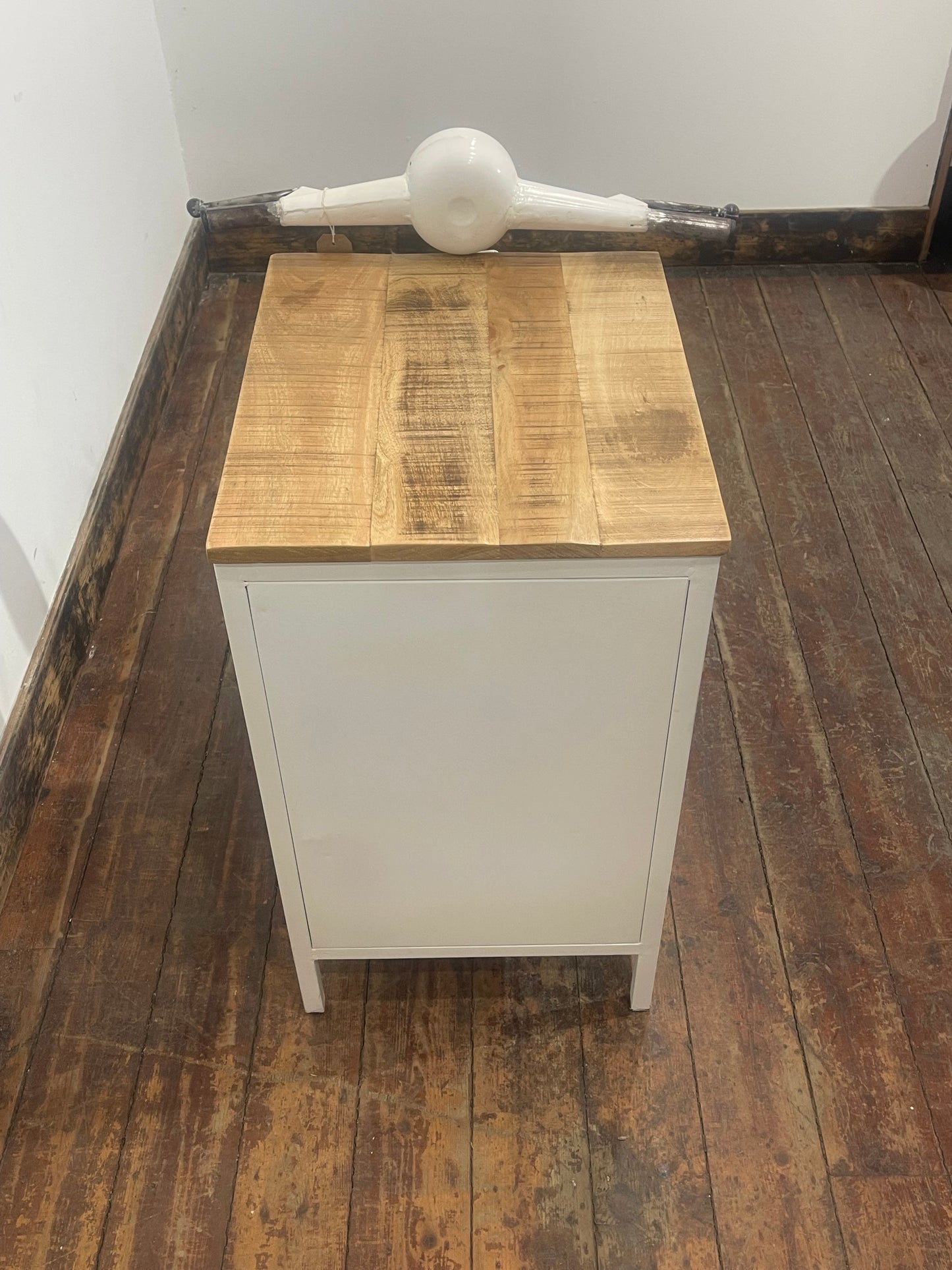 Vintage Vespa Scooter Front End Side Table, Blue & White, Wood Top Shelf Unit
