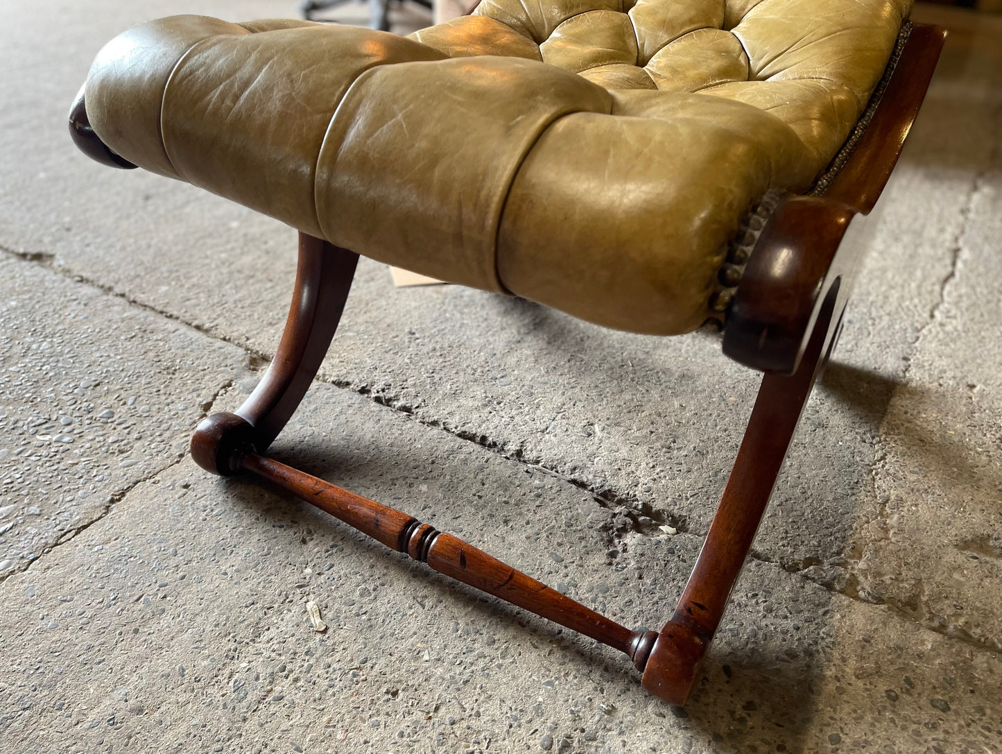 Vintage wood and leather footstool Chesterfield style