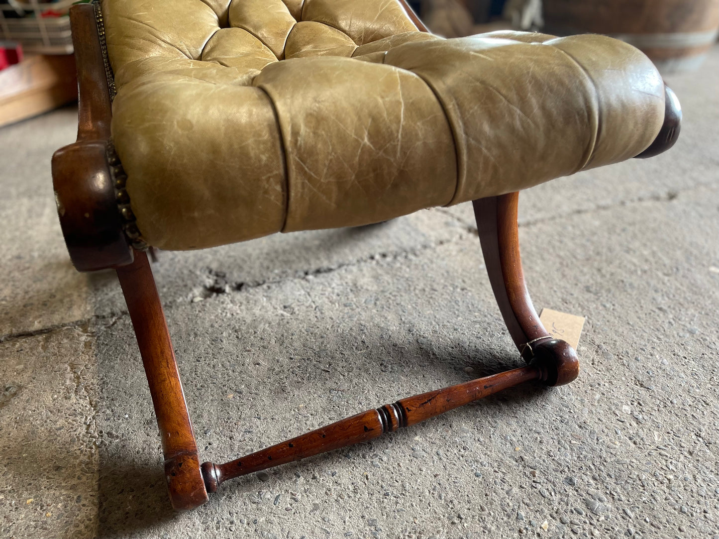 Vintage wood and leather footstool Chesterfield style