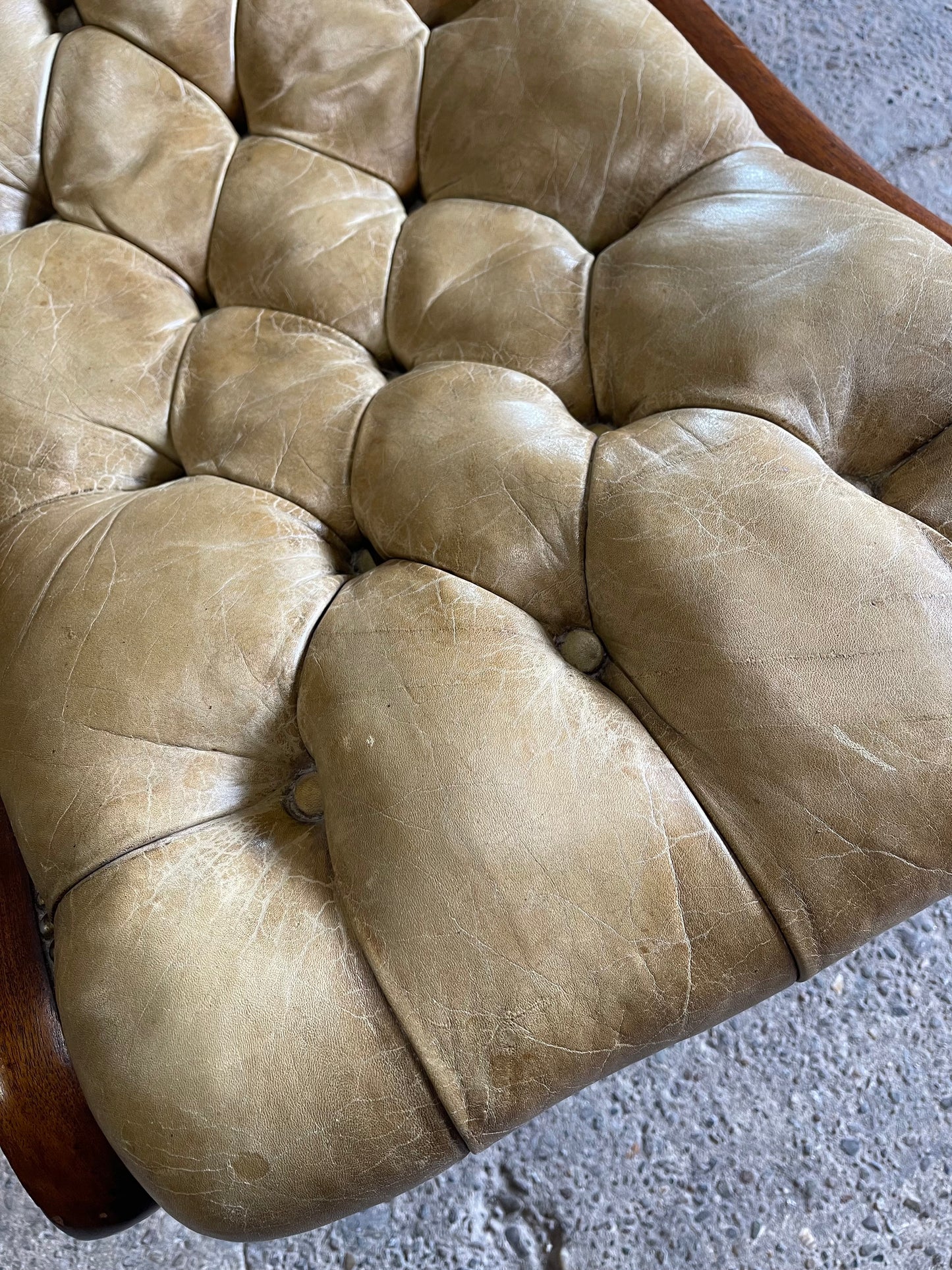 Vintage wood and leather footstool Chesterfield style