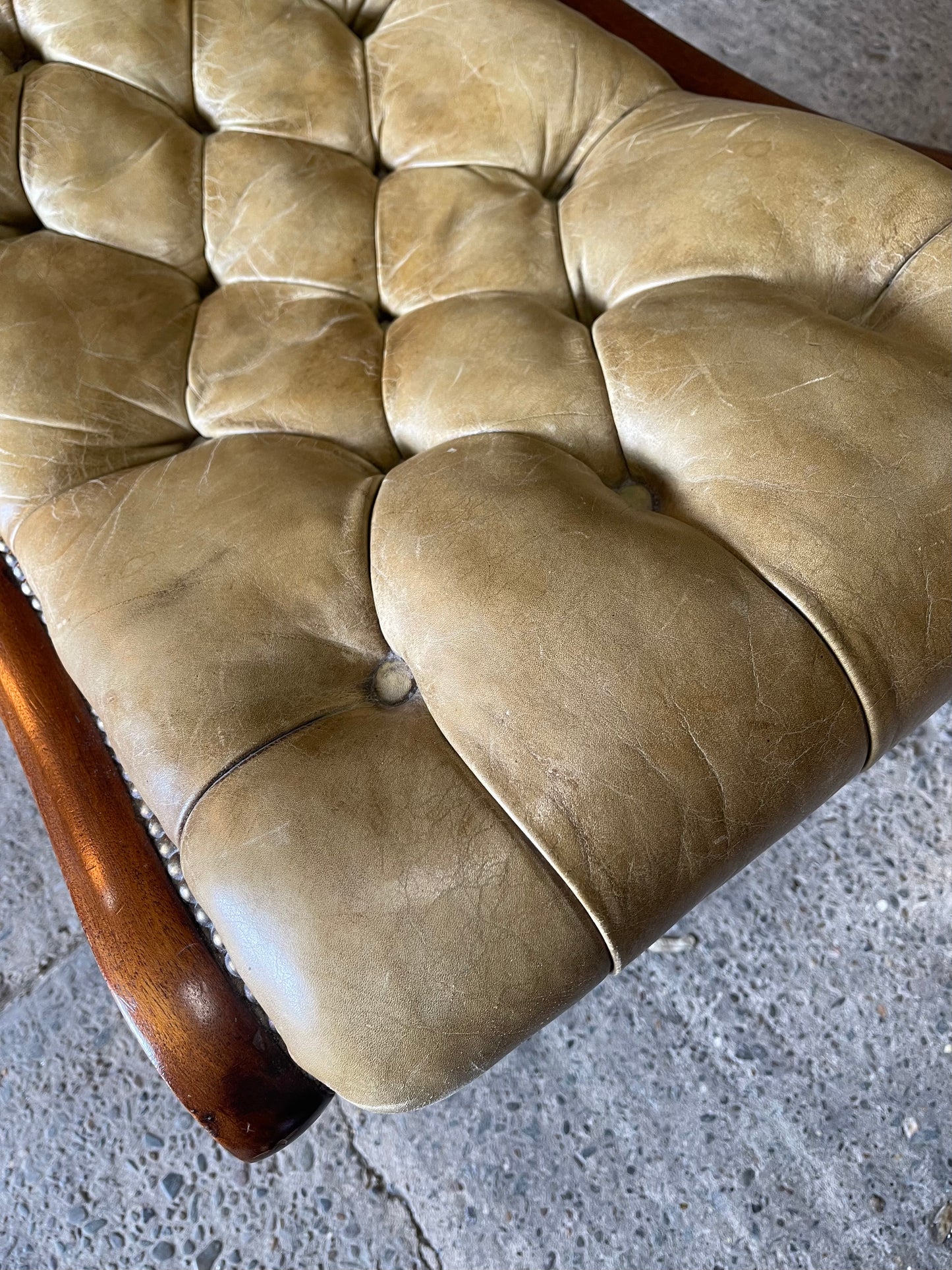 Vintage wood and leather footstool Chesterfield style