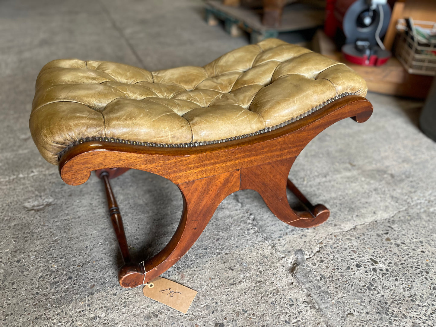 Vintage wood and leather footstool Chesterfield style