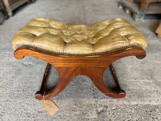 Vintage wood and leather footstool Chesterfield style
