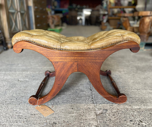 Vintage wood and leather footstool Chesterfield style