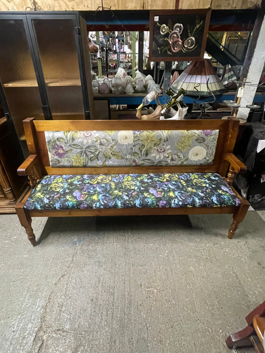 Antique Pine Settle Bench / Floral Fabric / Hall Pew Farmhouse