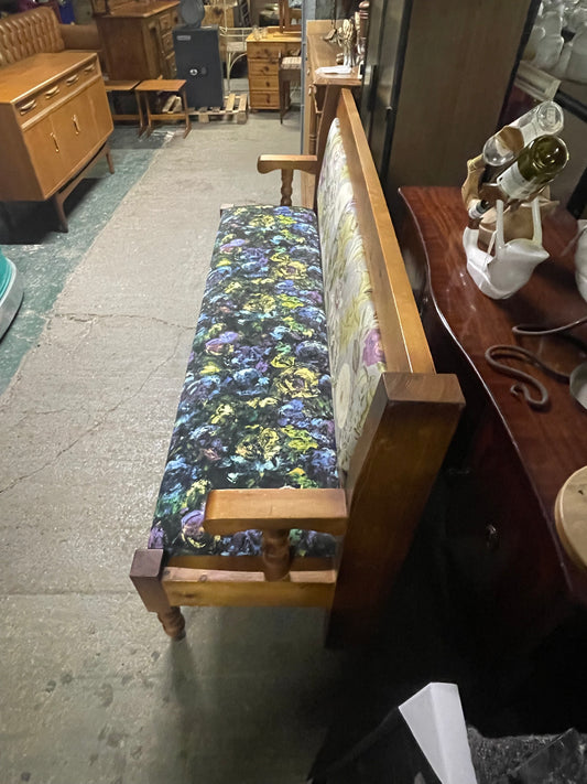 Antique Pine Settle Bench / Floral Fabric / Hall Pew Farmhouse