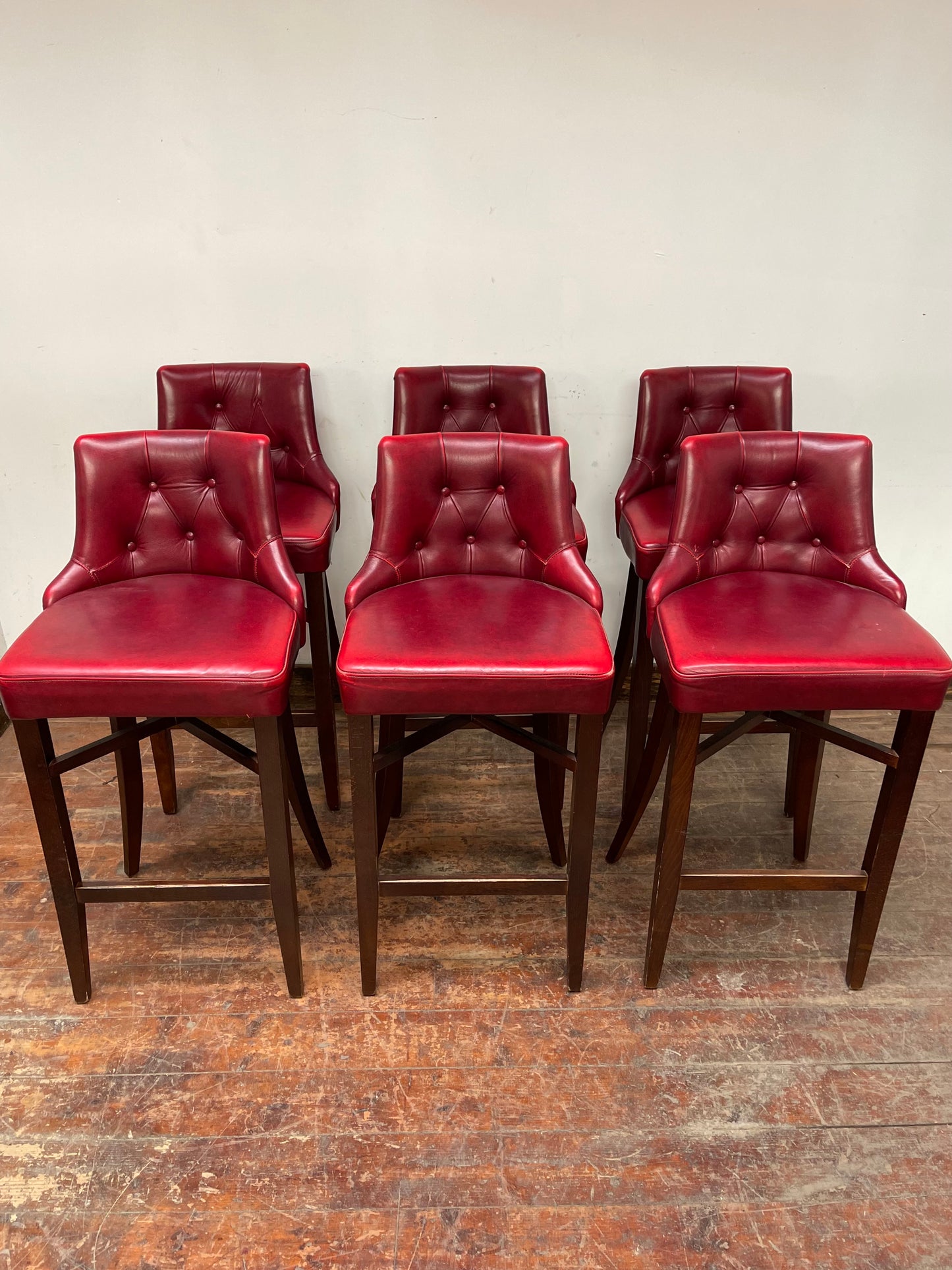 Stunning set of 6 red leather pub bar stools